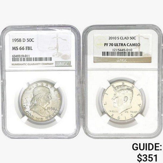 1958&2010 [2] Silver Half Dollars NGC MS/PF
