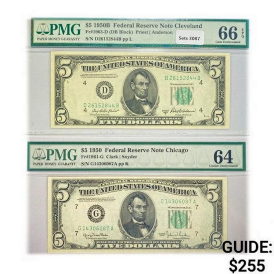(2) 1950 $5 Fed Reserve Notes PMG