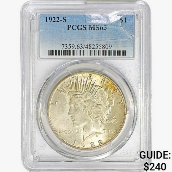 1922-S Silver Peace Dollar PCGS MS63