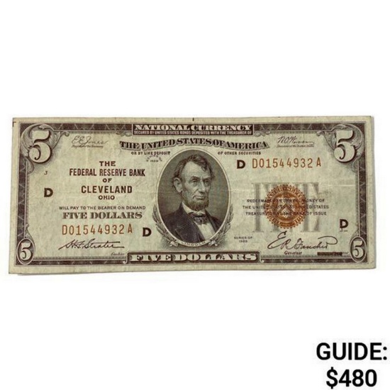 1929 $5 US Bank of Cleveland, OH Fed Res Note