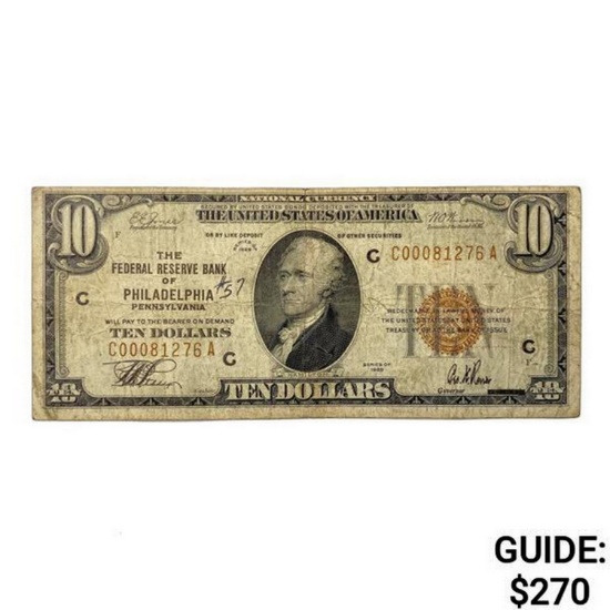 1929 B $10 US Philadelphia Bank, PA Fed Res Note