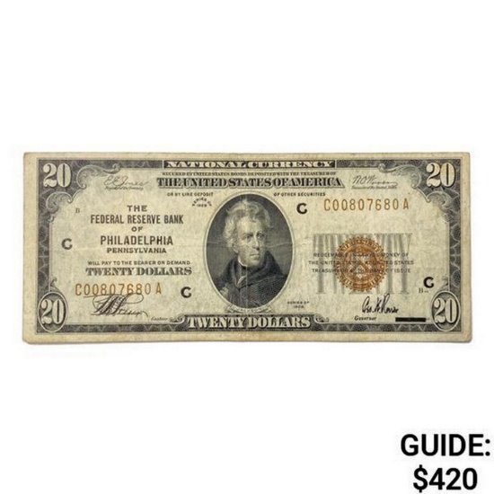 1929 C $20 US Bank of Philadelphia, PA Fed Res Not