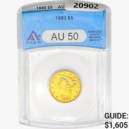 1880 $5 Gold Half Eagle ANACS AU50