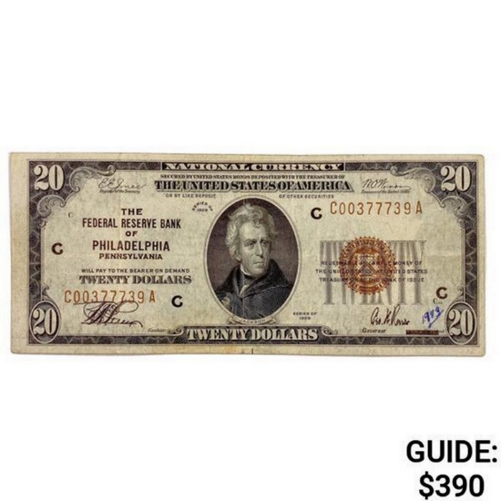 1929 C $20 US Bank of Philadelphia, PA Fed Res Not