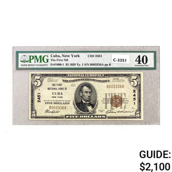 1929 $5 TFNB of CUBA, NY CH. #2451 PMG EF40