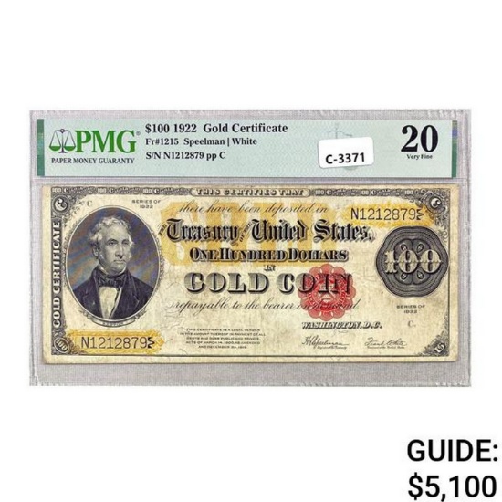 1922 $100 BENTON GOLD CERTIFICATE PMG VF20