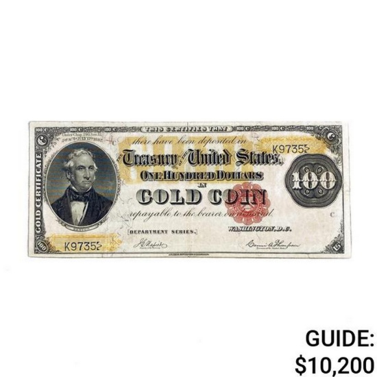 1882 $100 BENTON GOLD CERT. NAPIER/THOMPSON V