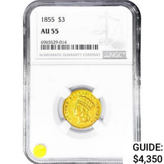 1855 $3 Gold Piece NGC AU55