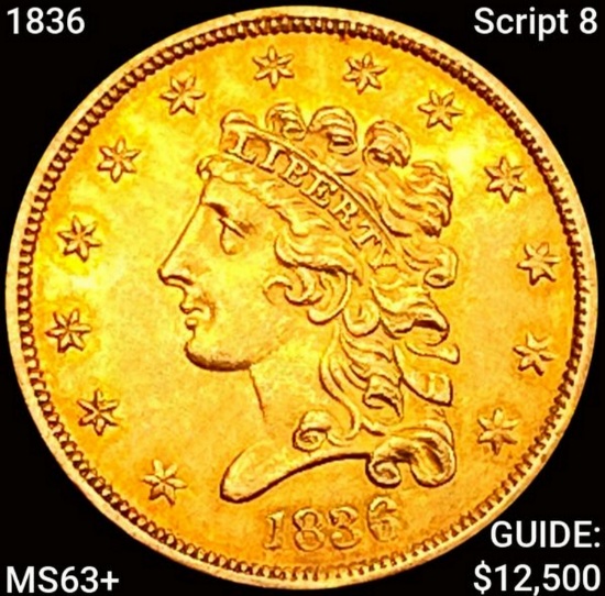 1836 Script 8 $2.50 Gold Quarter Eagle CHOICE BU+