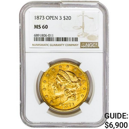 1873 $20 Gold Double Eagle NGC MS60 Open 3