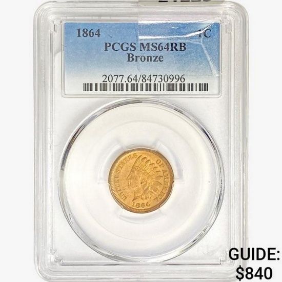 1864 Indian Head Cent PCGS MS64 RB Bronze