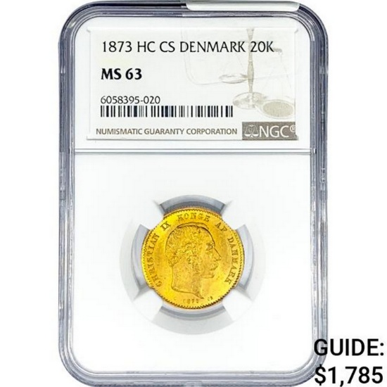 1873 .2593oz. Gold HC CS Denmark 20 Kroner NGC MS6
