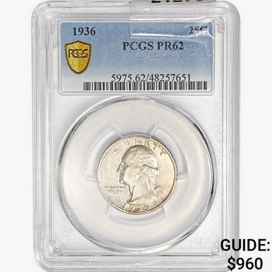 1936 Washington Silver Quarter PCGS PR62