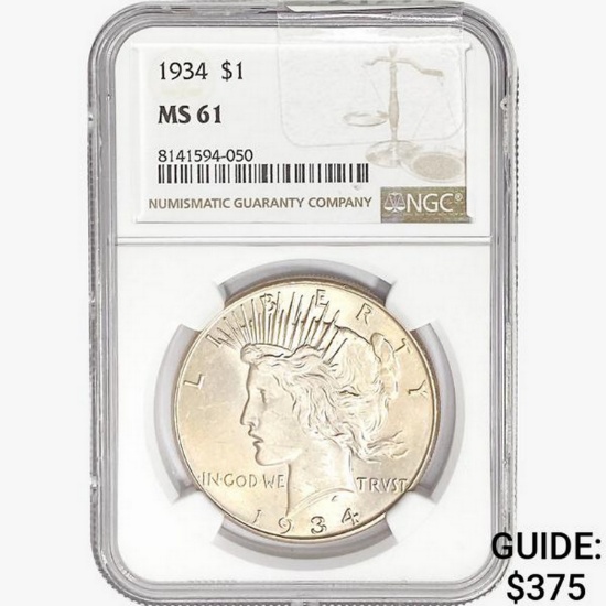 1934 Silver Peace Dollar NGC MS61