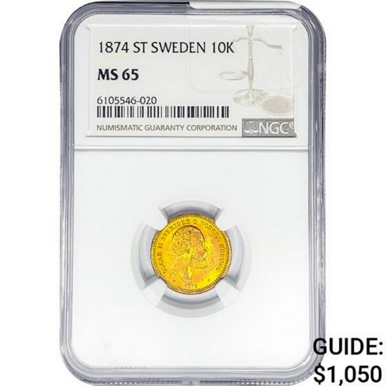 1874 .1296oz. Gold ST Sweden 10 Kroner NGC MS65