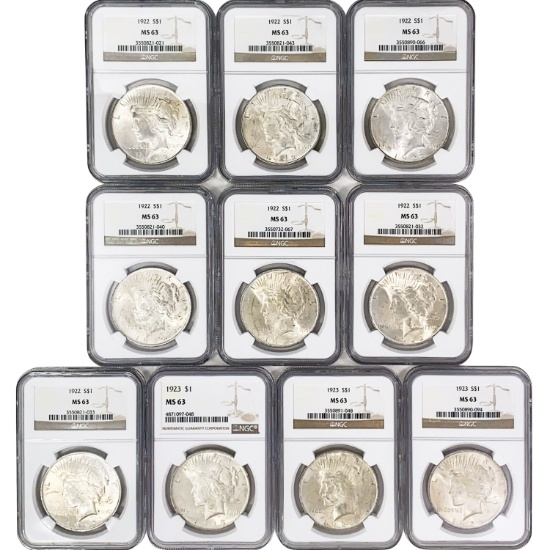1922-1923 UNC Graded US Peace Dollars [10 Coins] N