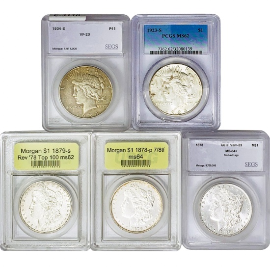 1878-1934 Varied US Silver Dollars-All Graded [5 C