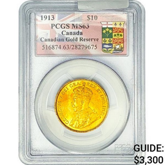 1913 .4838oz. Gold $10 Canada Reserve PCGS MS63
