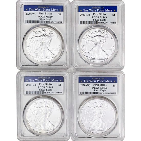 2020-(W) US Silver Eagles [4 Coins] PCGS MS69
