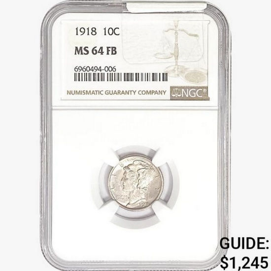 1918 Mercury Silver Dime NGC MS64 FB