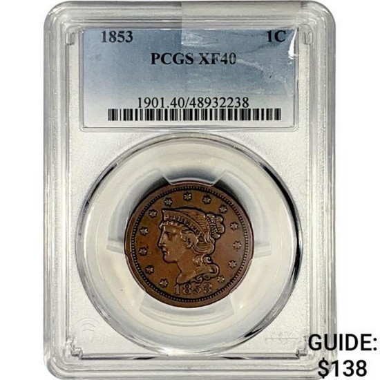 1853 Braided Hair Large Cent PCGS XF40
