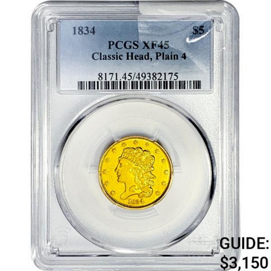 1834 $5 Gold Half Eagle PCGS XF45 Plain 4