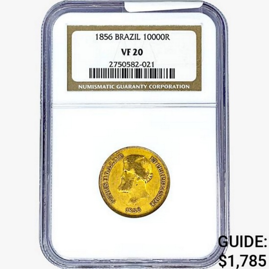 1856 .2643oz. Gold Brazil 10000 Reis NGC VF20