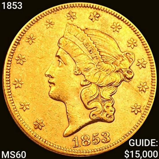 1853 $20 Gold Double Eagle LIGHTLY CIRCULATED