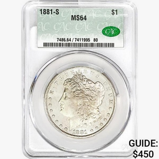 1881-S CAC Morgan Silver Dollar CAC MS64