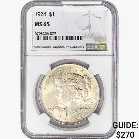 1924 Silver Peace Dollar NGC MS65
