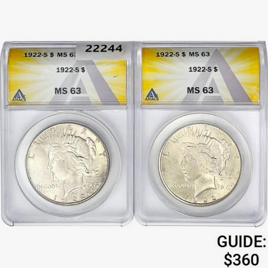 1922-S [2] Silver Peace Dollar ANACS MS63