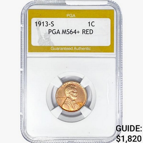1913-S Wheat Cent PGA MS64+ RED