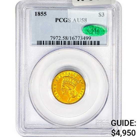 1855 CAC $3 Gold Piece PCGS AU58