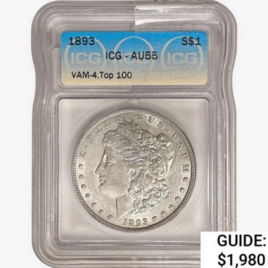 1893 Morgan Silver Dollar ICG AU55 VAM-4