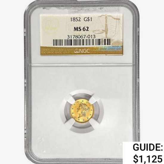 1852 Rare Gold Dollar NGC MS62