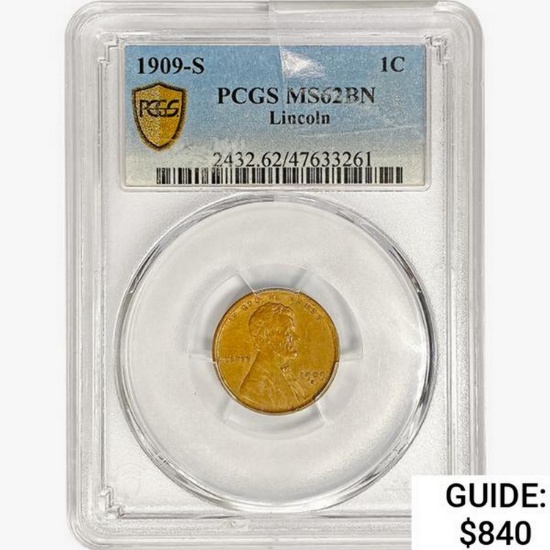 1909-S Wheat Cent PCGS MS62 BN, Lincoln