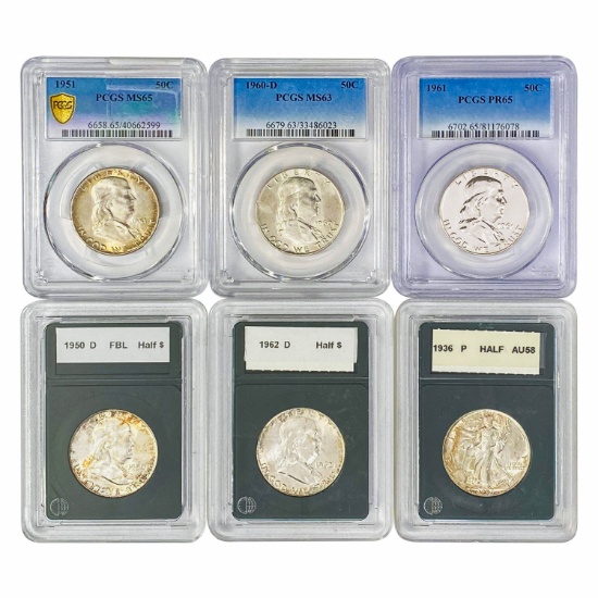 1936-1962 [6] Silver Half Dollars GG/PCGS