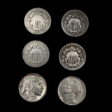 [6] Varied US Nickels ((3) 1867, 1869, 1937, 1993)
