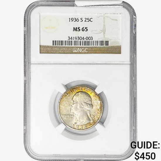 1936-S Washington Silver Quarter NGC MS65