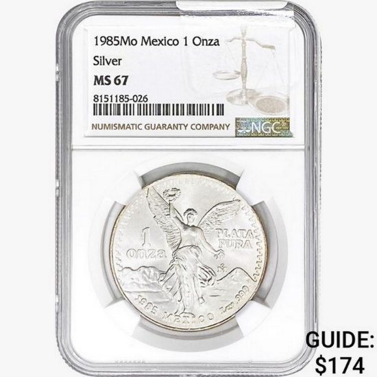 1985Mo 1oz. Silver Mexicanos Onza NGC MS67