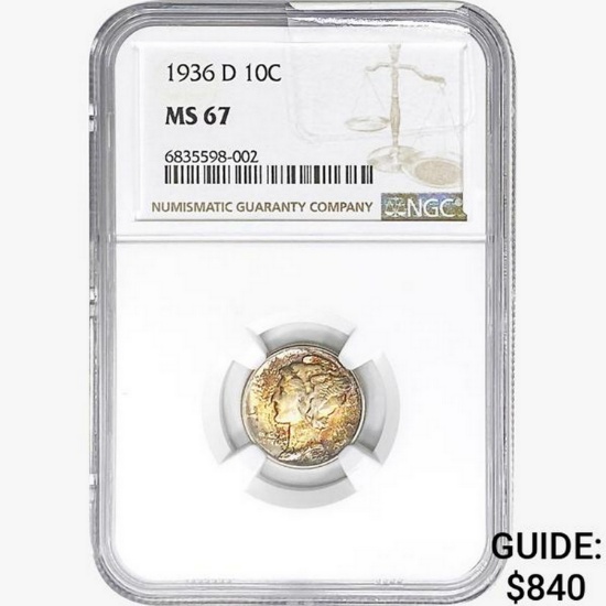 1936-D Mercury Silver Dime NGC MS67