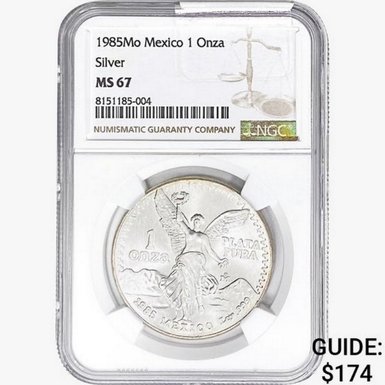 1985Mo 1oz. Silver Mexicanos Onza NGC MS67