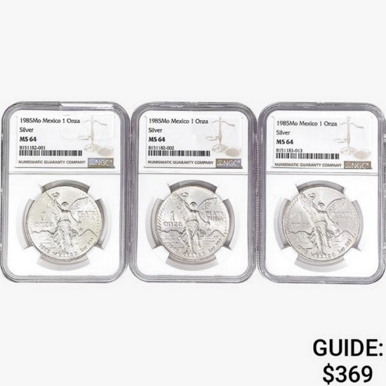[3] 1985Mo 1oz. Silver Mexicanos Onza NGC MS64