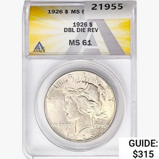 1926 Silver Peace Dollar ANACS MS61 DBL Die REV