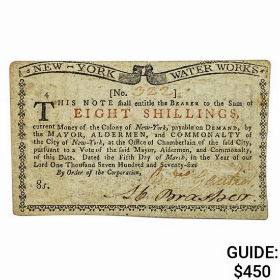1774 8S Eight Shillings NY Water Works
