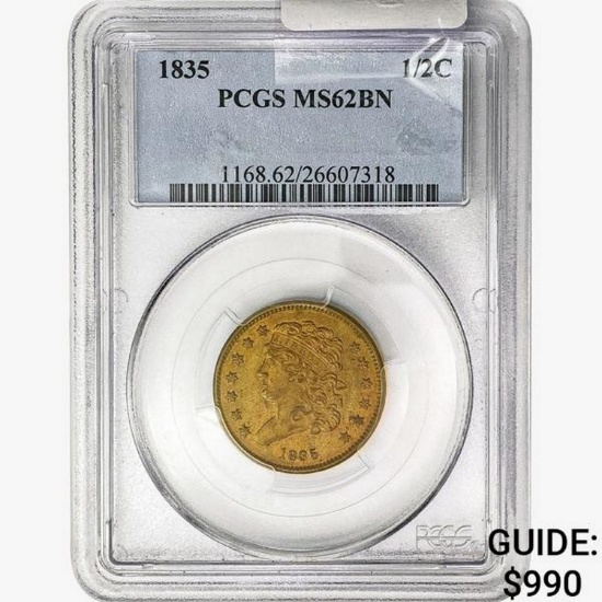 1835 Classic Head Half Cent PCGS MS62 BN