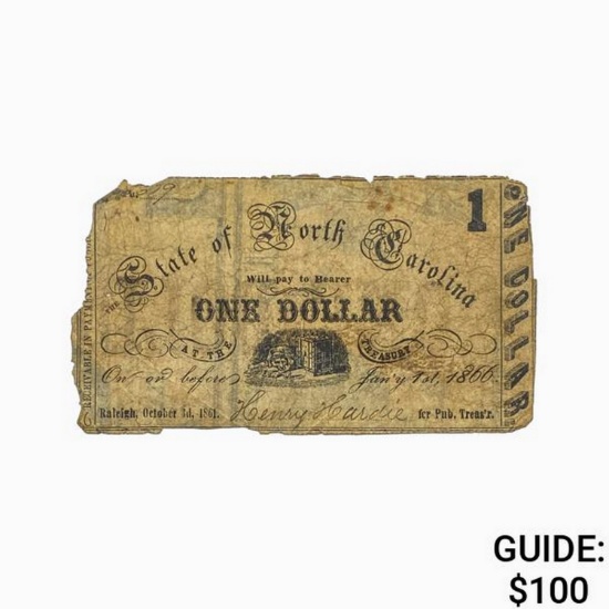 1861 $1 State Treasury Note - North Carolina