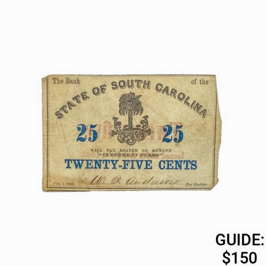 1863 25 Cents State of South Carolina Note