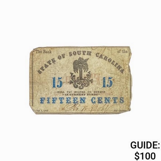 1863 15 Cents State of South Carolina Note