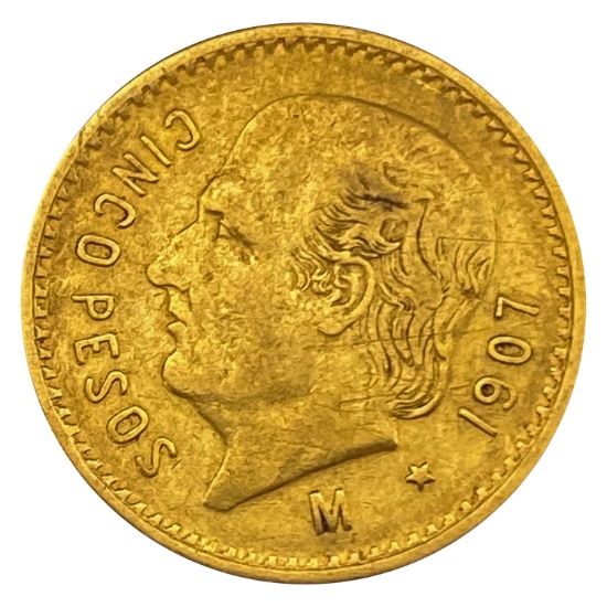 1907 Mexico Gold Cinco Pesos, .1206 oz agw